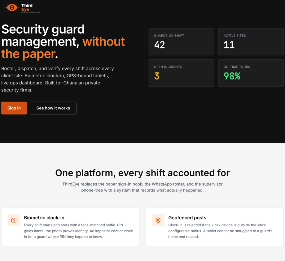 ThirdEye security management system — live shift metrics, biometric clock-in and geofenced posts