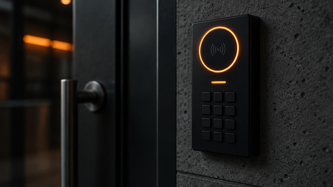 Card and keypad access control reader beside a secure door