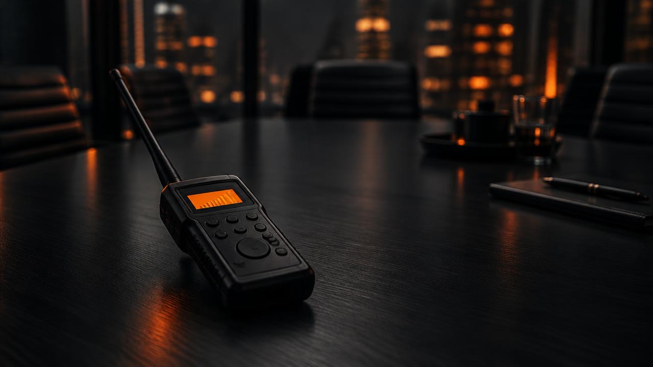 Handheld bug detector on a boardroom table