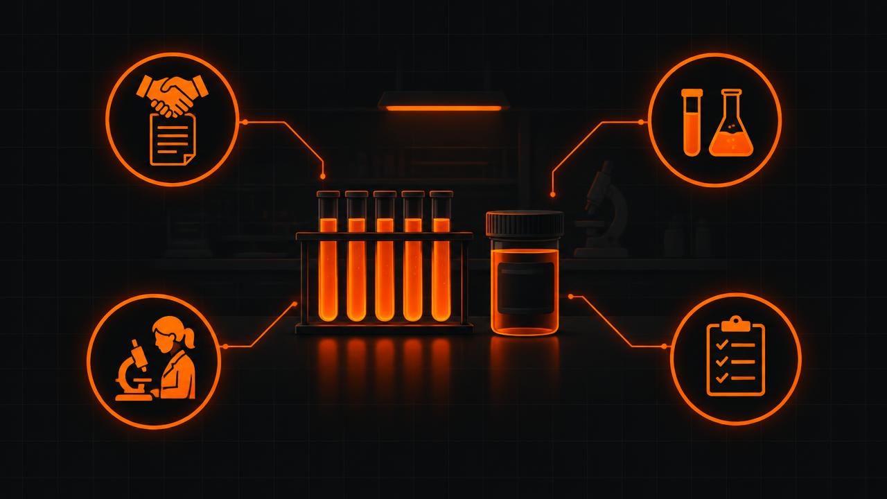 Laboratory test tubes and sample bottle connected to agreement, collection, analysis and reporting icons
