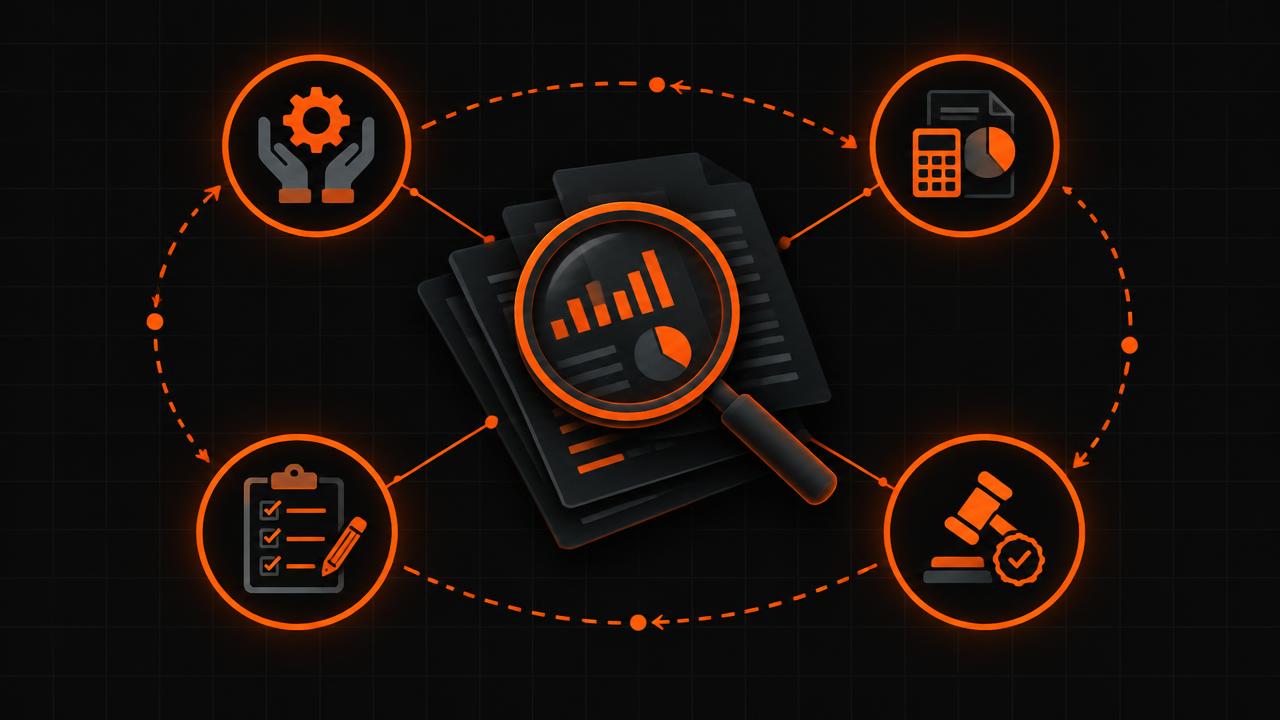 Magnifying glass over corporate reports, connected to operational, financial, legal and reporting review icons