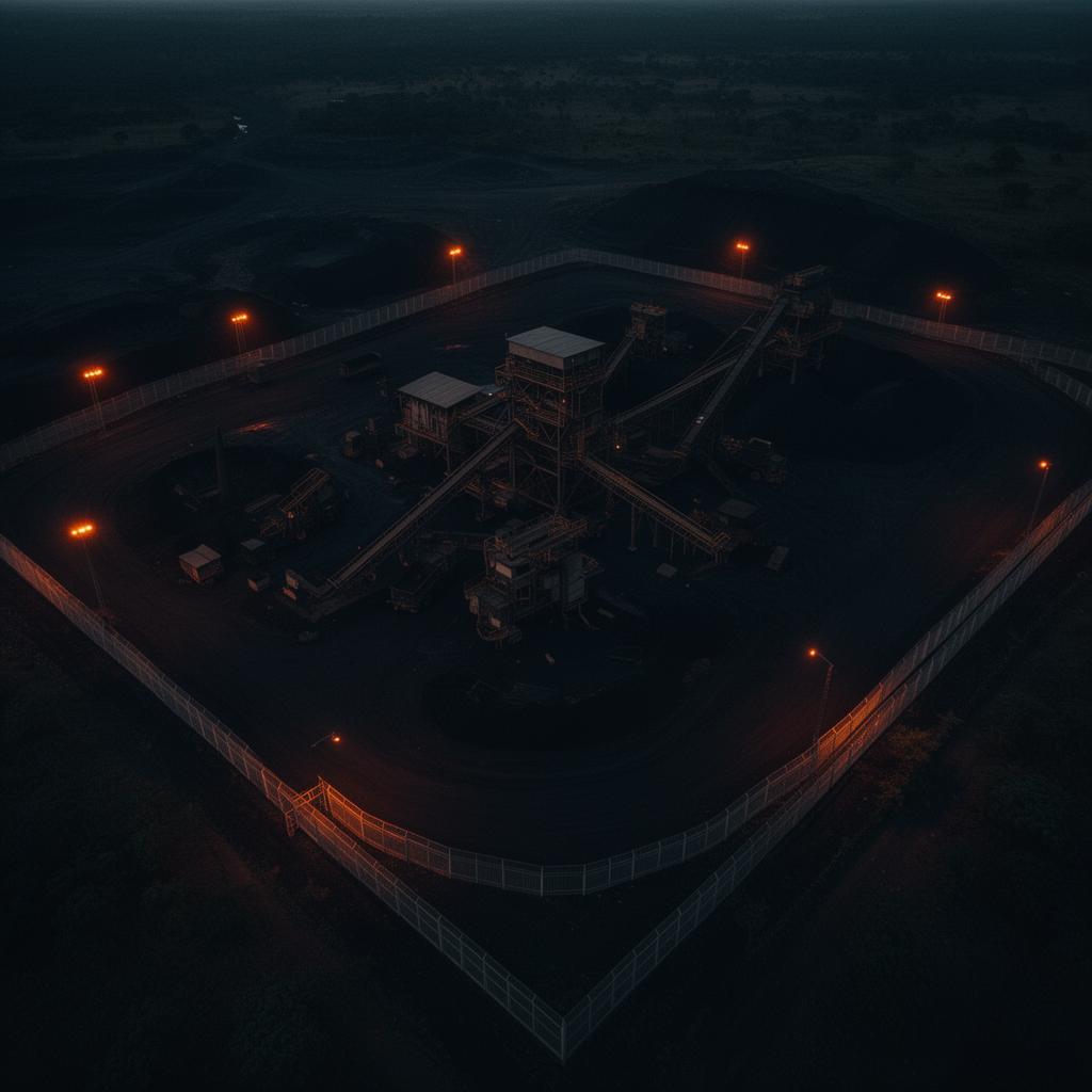 Industrial mining facility under perimeter security at dusk