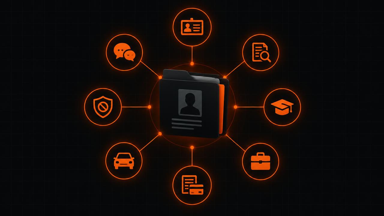 Candidate dossier connected to background check icons for ID, criminal record, education, employment, credit, driving and social media