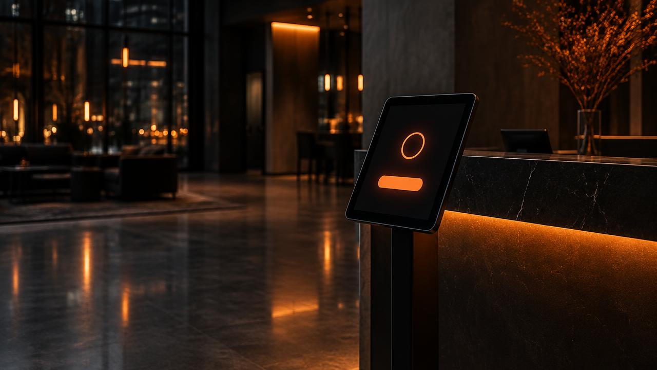 Visitor check-in kiosk in a modern office lobby